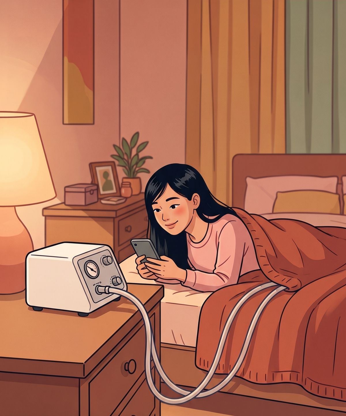 Illustration : une femme se détend allongée sous un plaid, sa machine branchée à côté d'elle, pendant le temps du soin.
