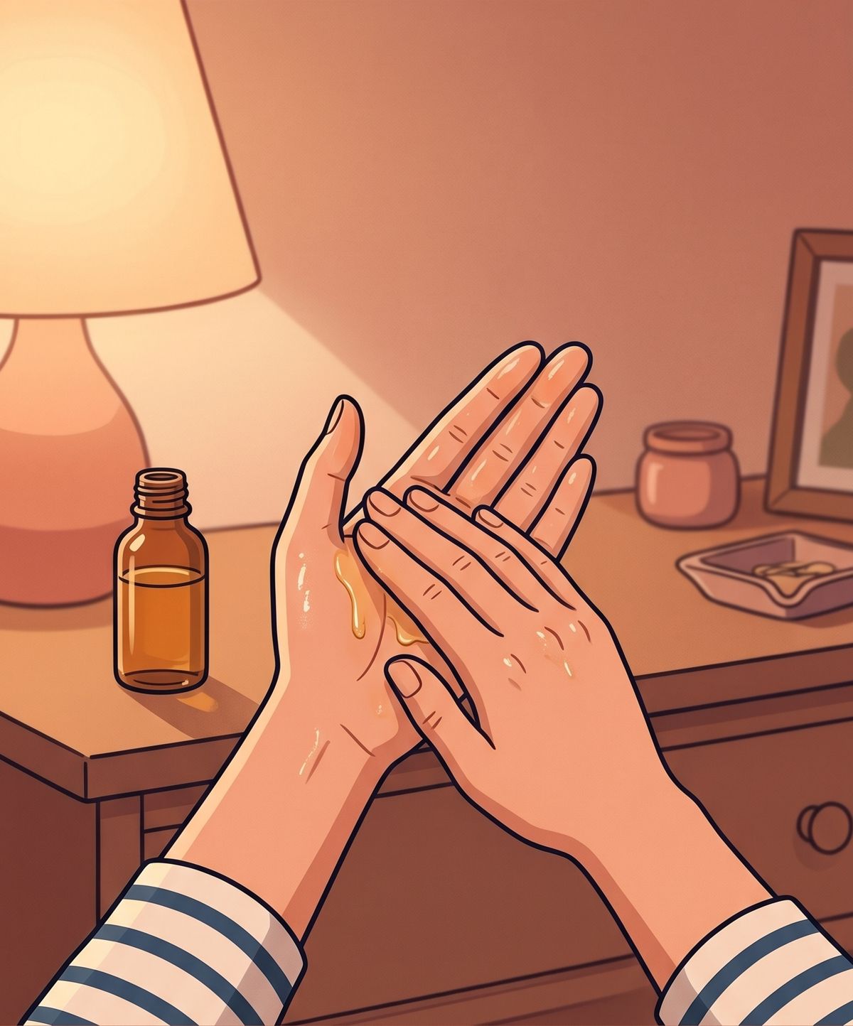 Illustration : des mains enduites d'huile près d'un flacon.