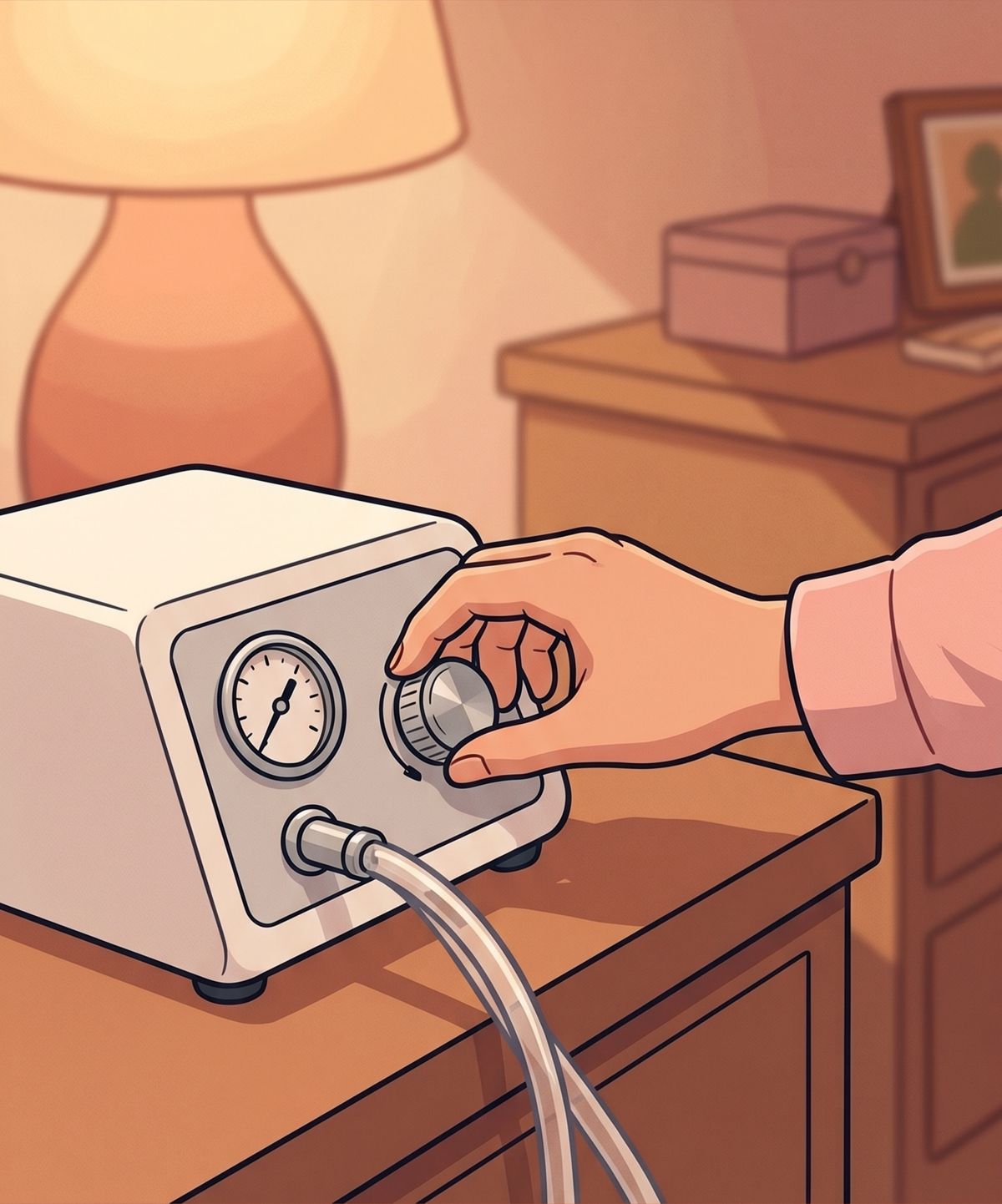 Illustration : une main règle la molette d'une machine de vacuum therapy.