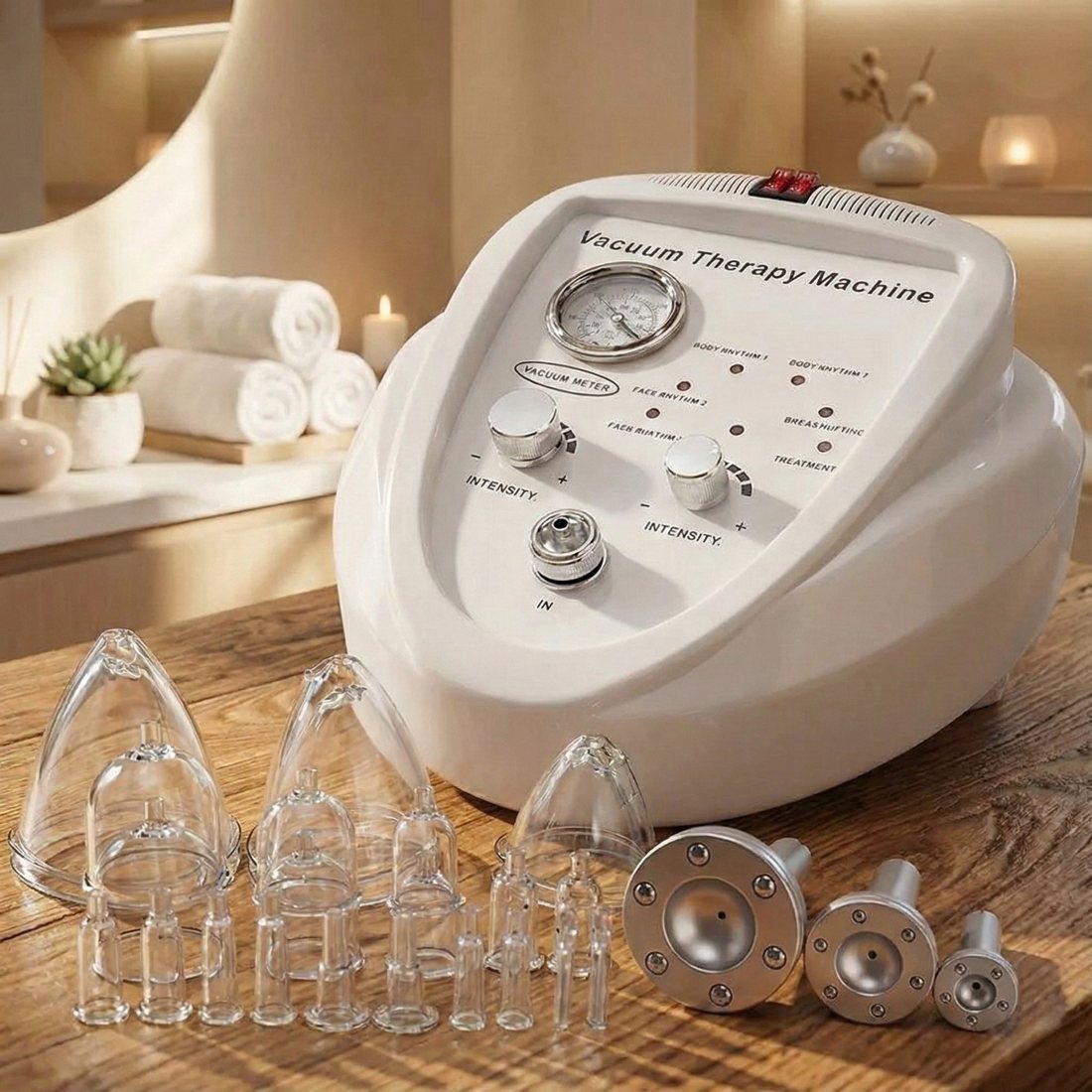Machine de vacuum therapy blanche « Vacuum Therapy Machine » avec manomètre rond, deux molettes INTENSITY et prise IN, posée sur une table en bois avec ses ventouses transparentes de plusieurs tailles et ses embouts métalliques.